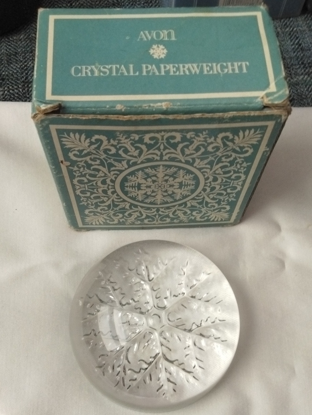 Vintage Avon Clear Crystal Snowflake Paperweight with Teal Box Accent